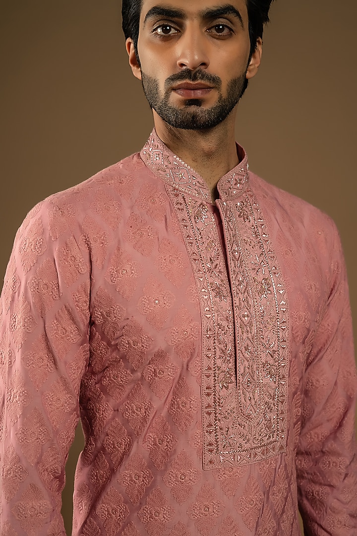 Dusty Rose Pink Cotton Silk Thread Embellished Indo-Western Set by Punit Arora at Pernia's Pop Up Shop
