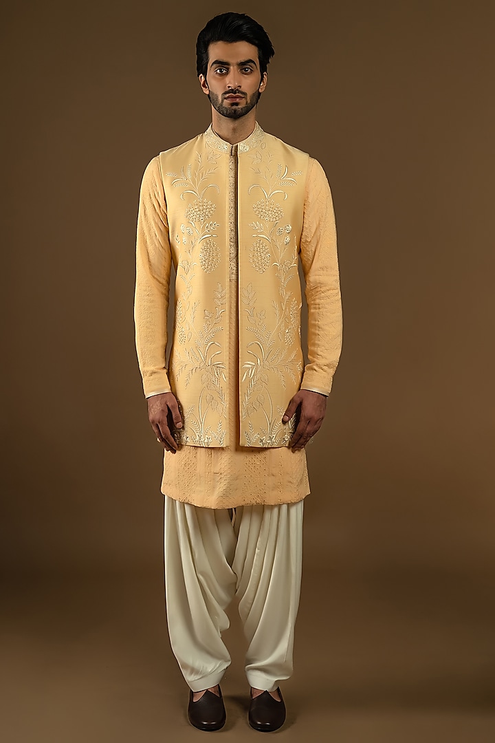 Yellow Cotton Silk Zardosi Embroidered Indo-Western Set by Punit Arora