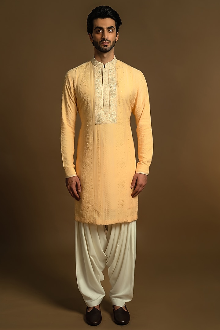 Delightful Yellow Cotton Silk Zardosi Embroidered Indo-Western Set by Punit Arora at Pernia's Pop Up Shop