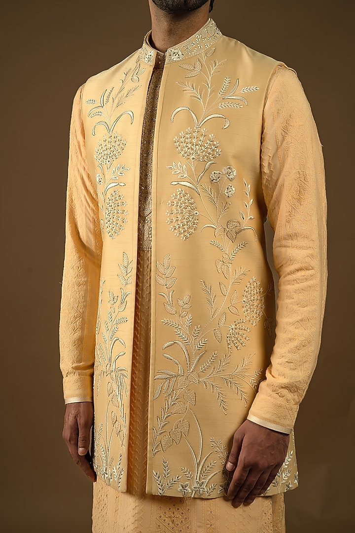 Delightful Yellow Cotton Silk Zardosi Embroidered Indo-Western Set by Punit Arora at Pernia's Pop Up Shop