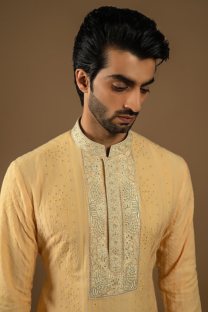Delightful Yellow Cotton Silk Zardosi Embroidered Indo-Western Set by Punit Arora at Pernia's Pop Up Shop
