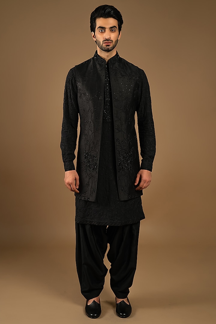 Black Cotton Silk Indo-Western Set by Punit Arora