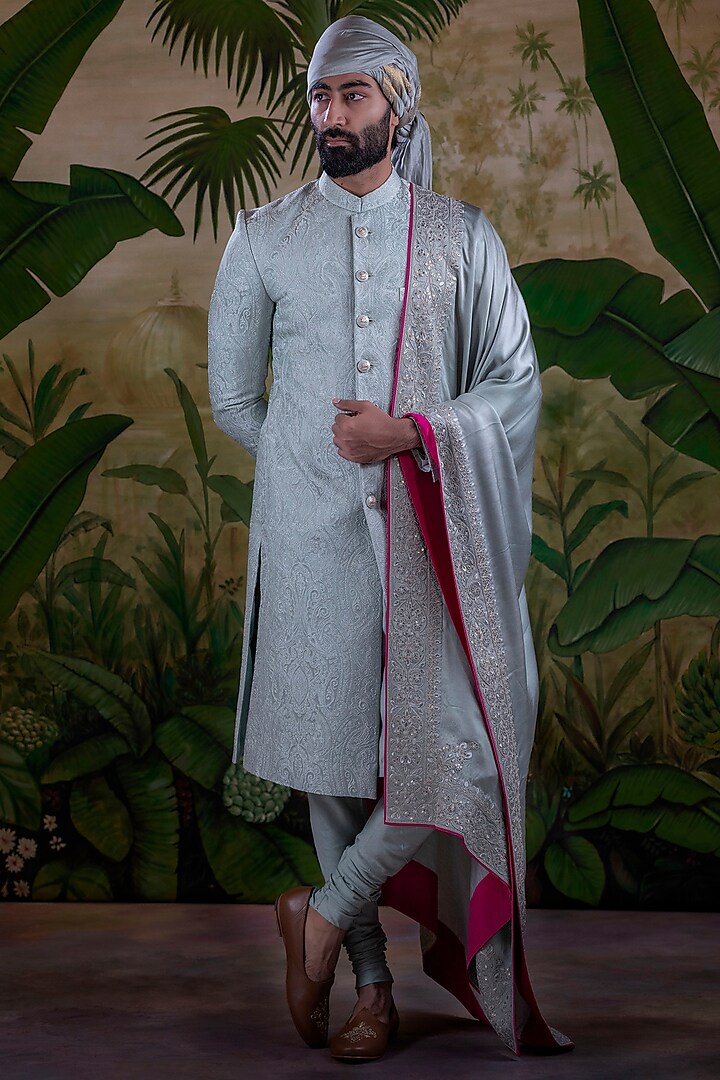 Light Grey Poly Silk Jacquard Sherwani Set by Punit Arora