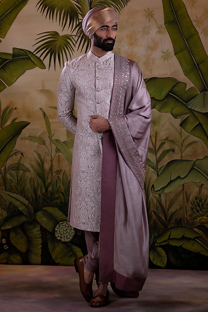 Rose Pink Silk Jacquard Embroidered Sherwani Set by Punit Arora