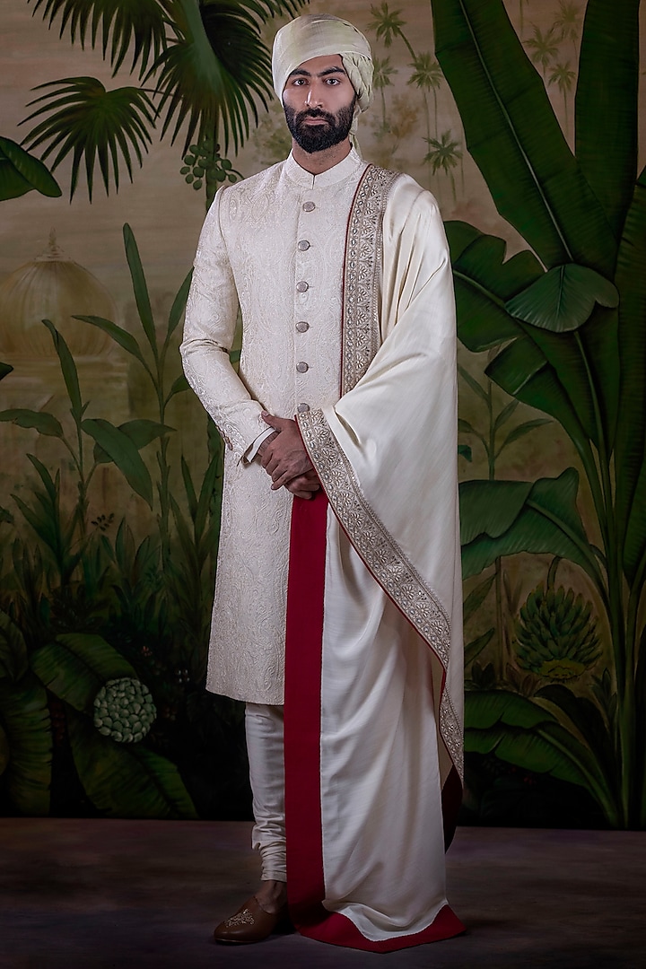 Ivory Silk Jacquard Sherwani Set by Punit Arora