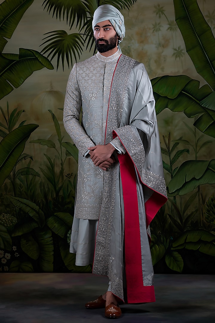 Grey Silk Jacquard Sherwani Set by Punit Arora