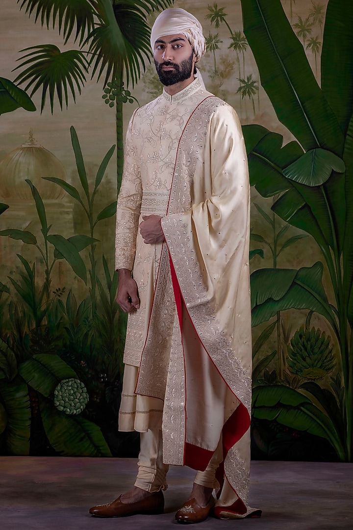 Cream Gold Silk Jacquard Groom Sherwani Set by Punit Arora at Pernia's Pop Up Shop