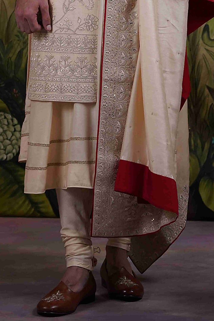 Cream Gold Silk Jacquard Groom Sherwani Set by Punit Arora at Pernia's Pop Up Shop
