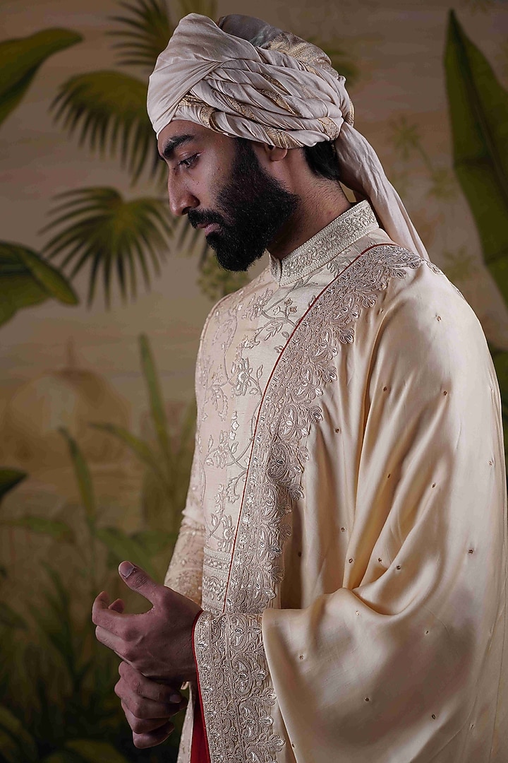 Cream Gold Silk Jacquard Groom Sherwani Set by Punit Arora at Pernia's Pop Up Shop