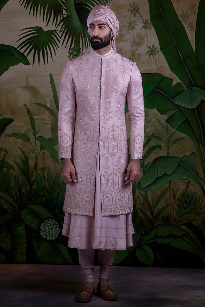 Blush Pink Silk Jacquard Sherwani Set by Punit Arora