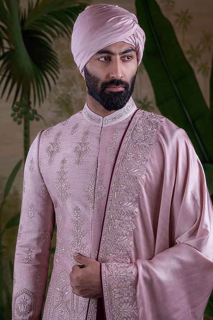 Onion Pink Silk Jacquard Groom Sherwani Set by Punit Arora at Pernia's Pop Up Shop
