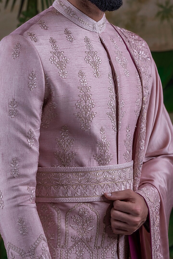 Onion Pink Silk Jacquard Groom Sherwani Set by Punit Arora at Pernia's Pop Up Shop