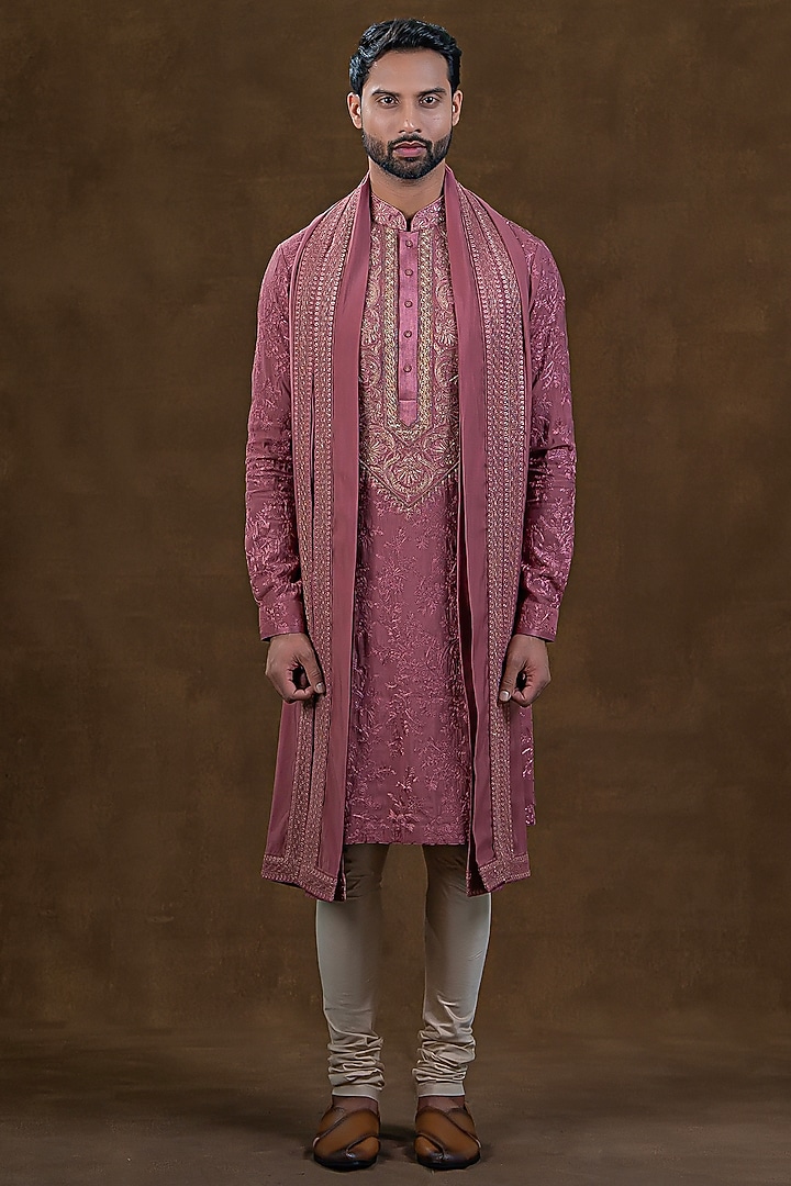 Dusty Pink Art Silk Zardosi Embroidered Kurta Set by Punit Arora at Pernia's Pop Up Shop