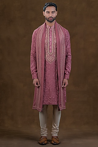Dusty Pink Art Silk Zardosi Embroidered Kurta Set by Punit Arora