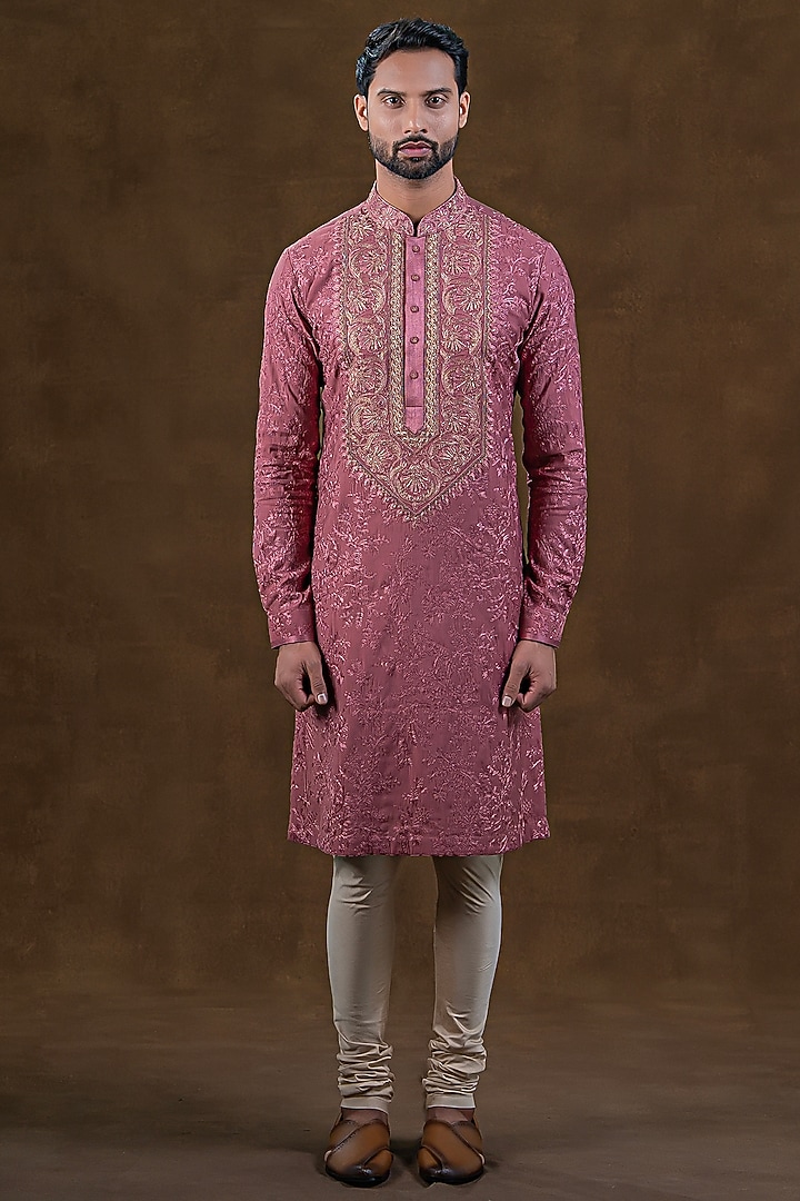 Dusty Pink Art Silk Zardosi Embroidered Kurta Set by Punit Arora at Pernia's Pop Up Shop