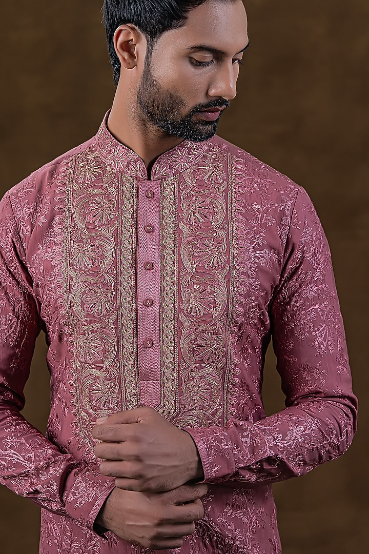 Dusty Pink Art Silk Zardosi Embroidered Kurta Set by Punit Arora at Pernia's Pop Up Shop