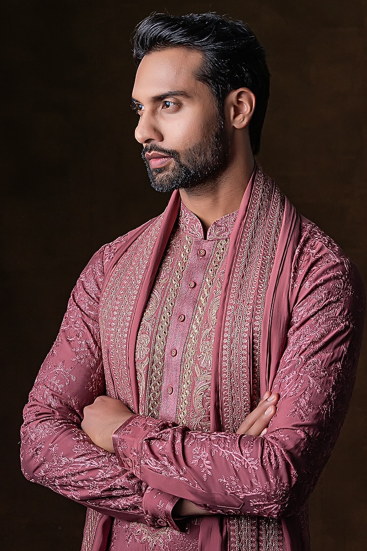 Dusty Pink Art Silk Zardosi Embroidered Kurta Set by Punit Arora at Pernia's Pop Up Shop