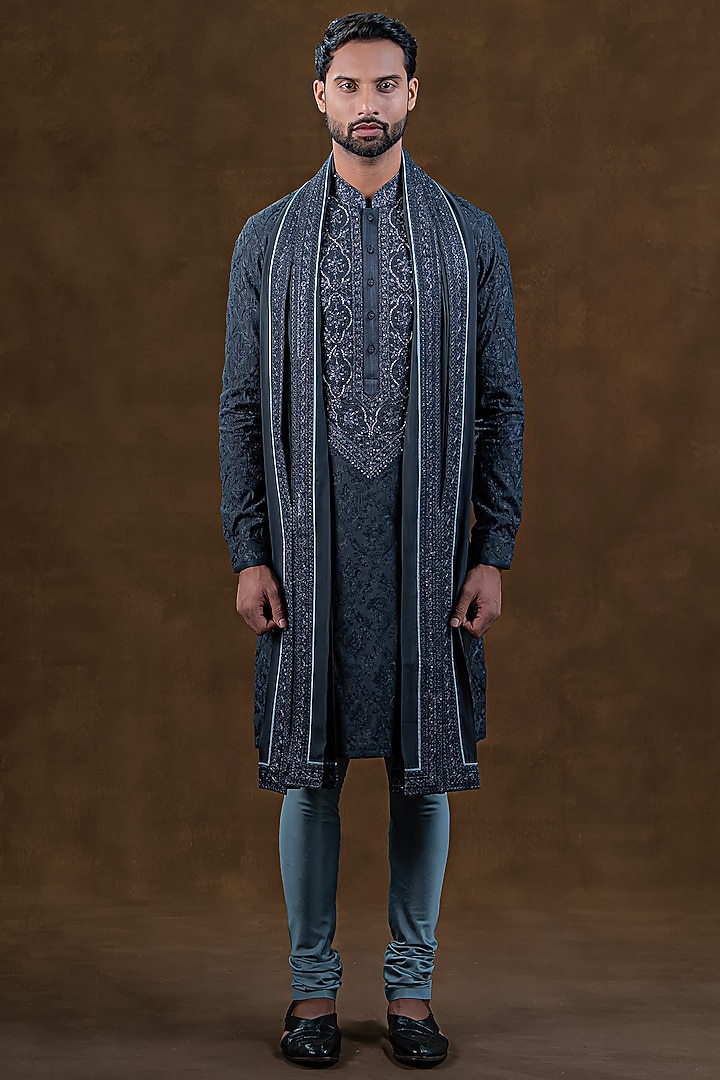 Dark Grey Art Silk Zardosi Embroidered Kurta Set by Punit Arora at Pernia's Pop Up Shop