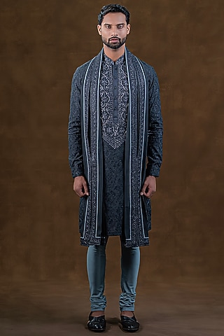 Dark Grey Art Silk Zardosi Embroidered Kurta Set by Punit Arora