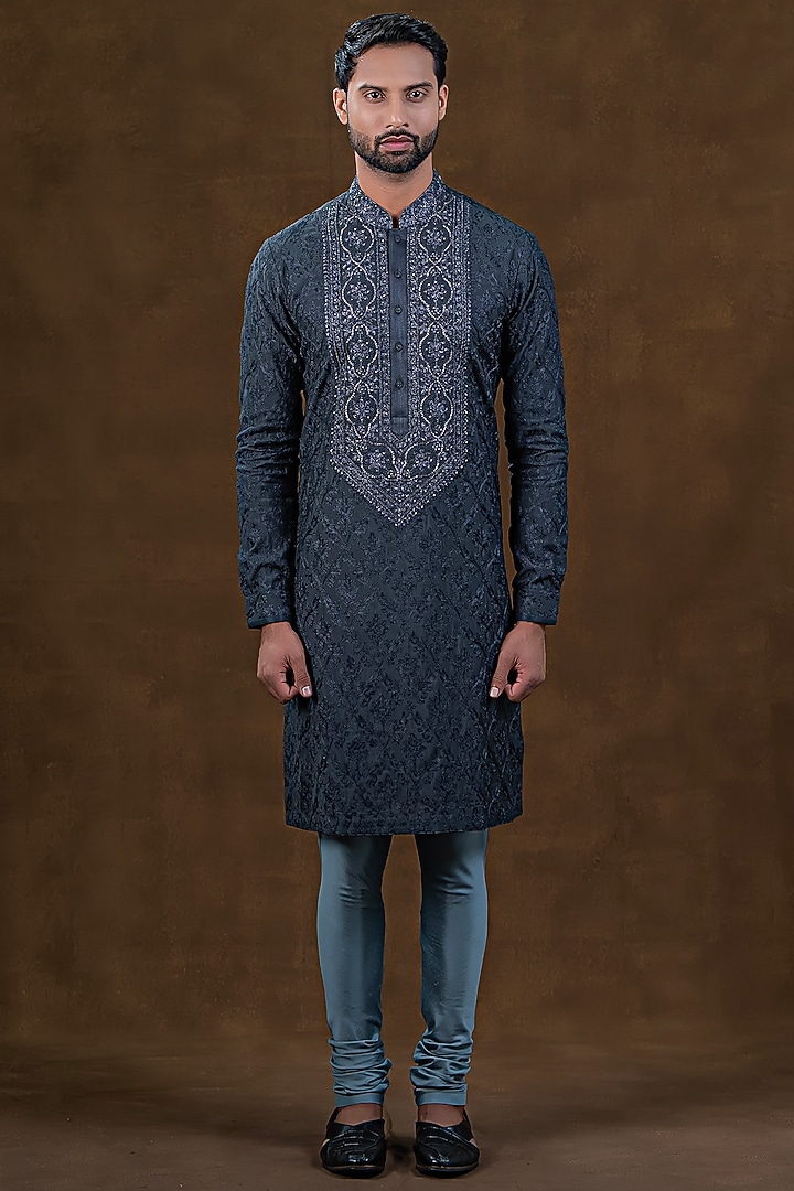 Dark Grey Art Silk Zardosi Embroidered Kurta Set by Punit Arora at Pernia's Pop Up Shop