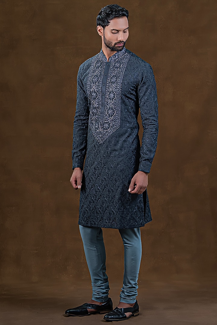 Dark Grey Art Silk Zardosi Embroidered Kurta Set by Punit Arora at Pernia's Pop Up Shop