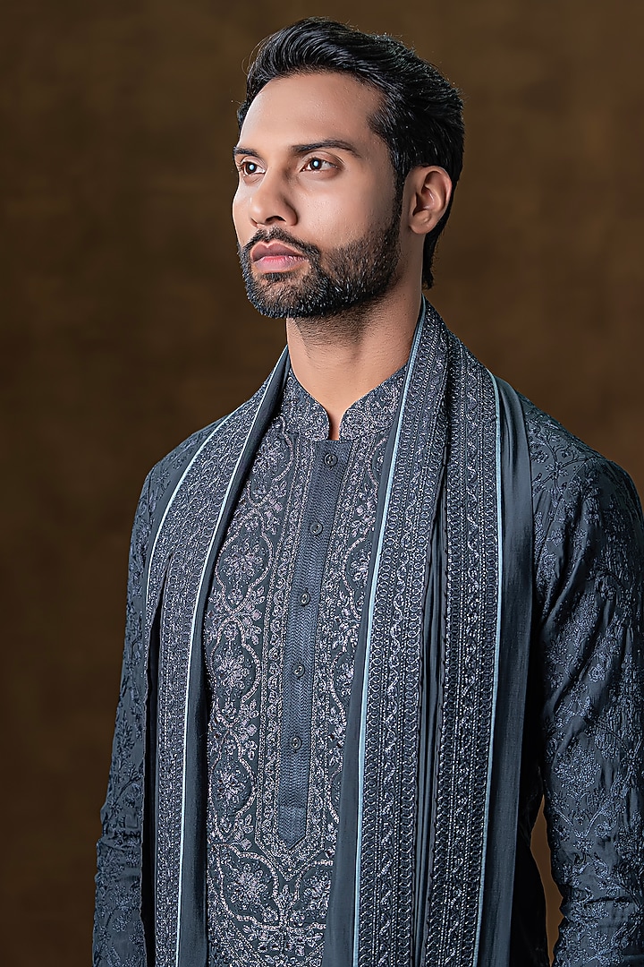 Dark Grey Art Silk Zardosi Embroidered Kurta Set by Punit Arora at Pernia's Pop Up Shop
