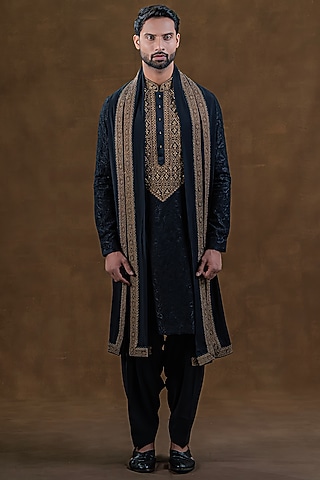 Jade Black Art Silk Zardosi Embroidered Kurta Set by Punit Arora