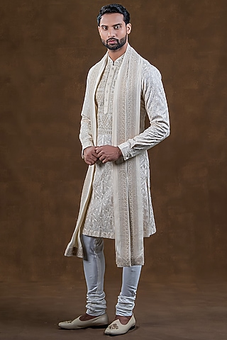 Ivory Art Silk Zardosi Embroidered Kurta Set by Punit Arora