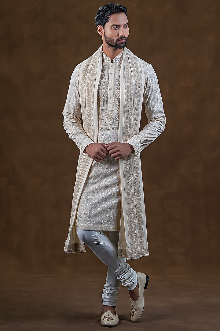 Ivory Art Silk Zardosi Embroidered Kurta Set by Punit Arora at Pernia's Pop Up Shop