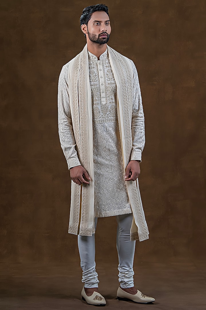 Ivory Art Silk Zardosi Embroidered Kurta Set by Punit Arora at Pernia's Pop Up Shop
