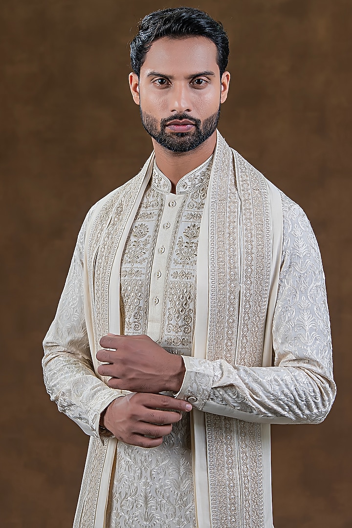 Ivory Art Silk Zardosi Embroidered Kurta Set by Punit Arora at Pernia's Pop Up Shop