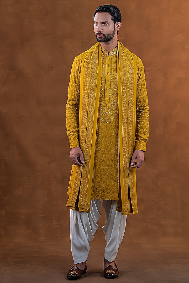 Marigold Yellow Art Silk Zardosi Embroidered Kurta Set by Punit Arora at Pernia's Pop Up Shop