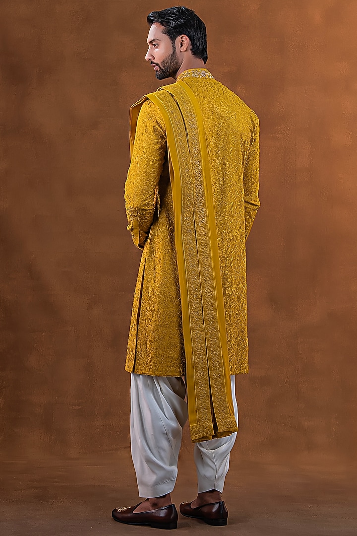 Marigold Yellow Art Silk Zardosi Embroidered Kurta Set by Punit Arora at Pernia's Pop Up Shop