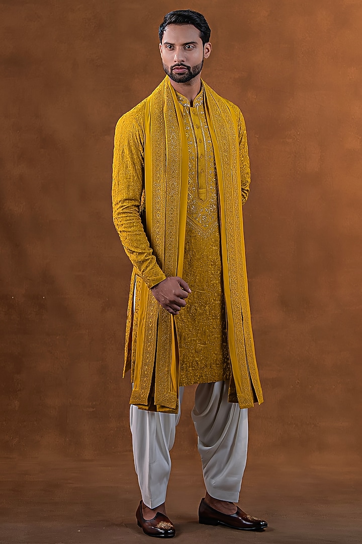 Marigold Yellow Art Silk Zardosi Embroidered Kurta Set by Punit Arora at Pernia's Pop Up Shop