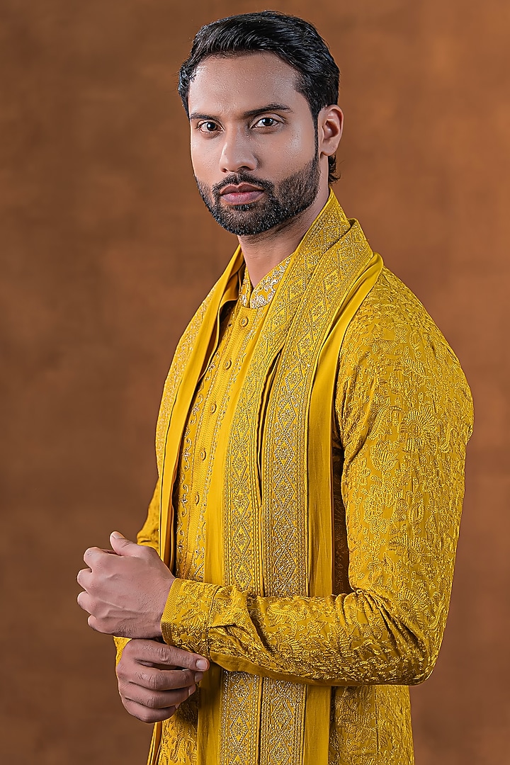 Marigold Yellow Art Silk Zardosi Embroidered Kurta Set by Punit Arora at Pernia's Pop Up Shop