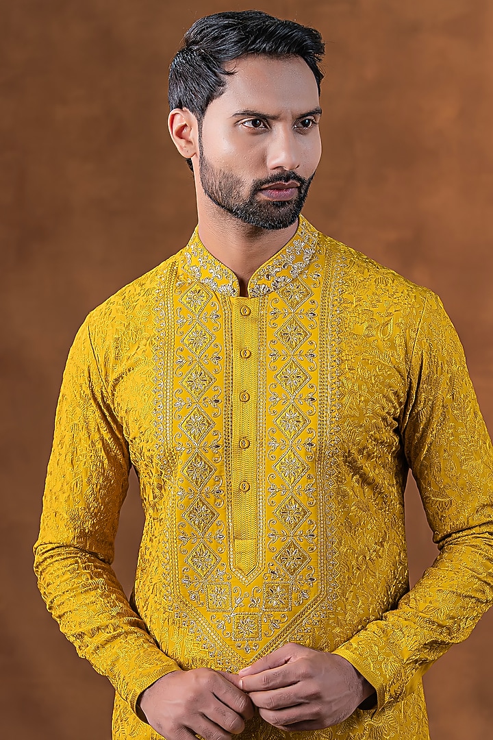 Marigold Yellow Art Silk Zardosi Embroidered Kurta Set by Punit Arora at Pernia's Pop Up Shop