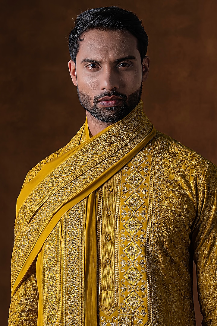 Marigold Yellow Art Silk Zardosi Embroidered Kurta Set by Punit Arora at Pernia's Pop Up Shop
