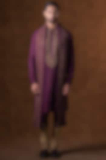 Wine Art Silk Zardosi Embroidered Kurta Set by Punit Arora at Pernia's Pop Up Shop