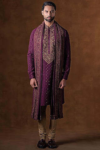 Wine Art Silk Zardosi Embroidered Kurta Set by Punit Arora