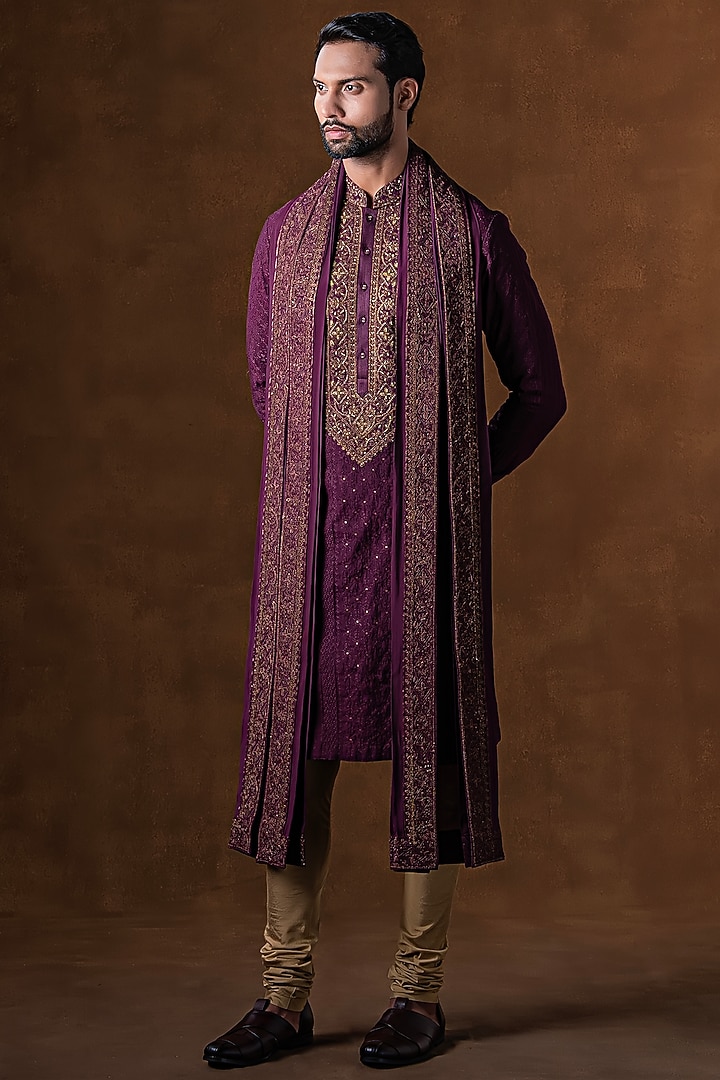 Wine Art Silk Zardosi Embroidered Kurta Set by Punit Arora at Pernia's Pop Up Shop