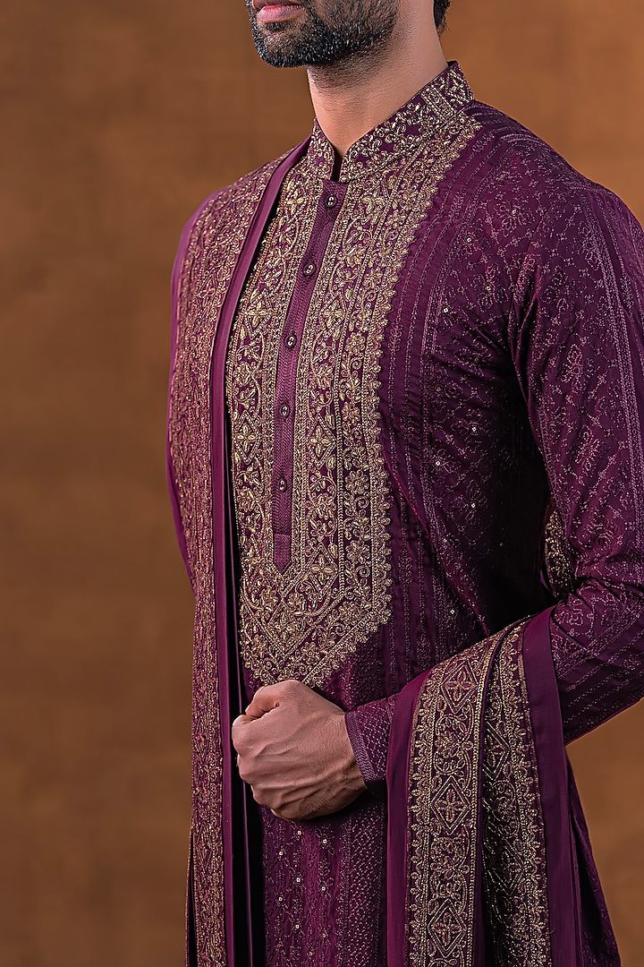 Wine Art Silk Zardosi Embroidered Kurta Set by Punit Arora at Pernia's Pop Up Shop