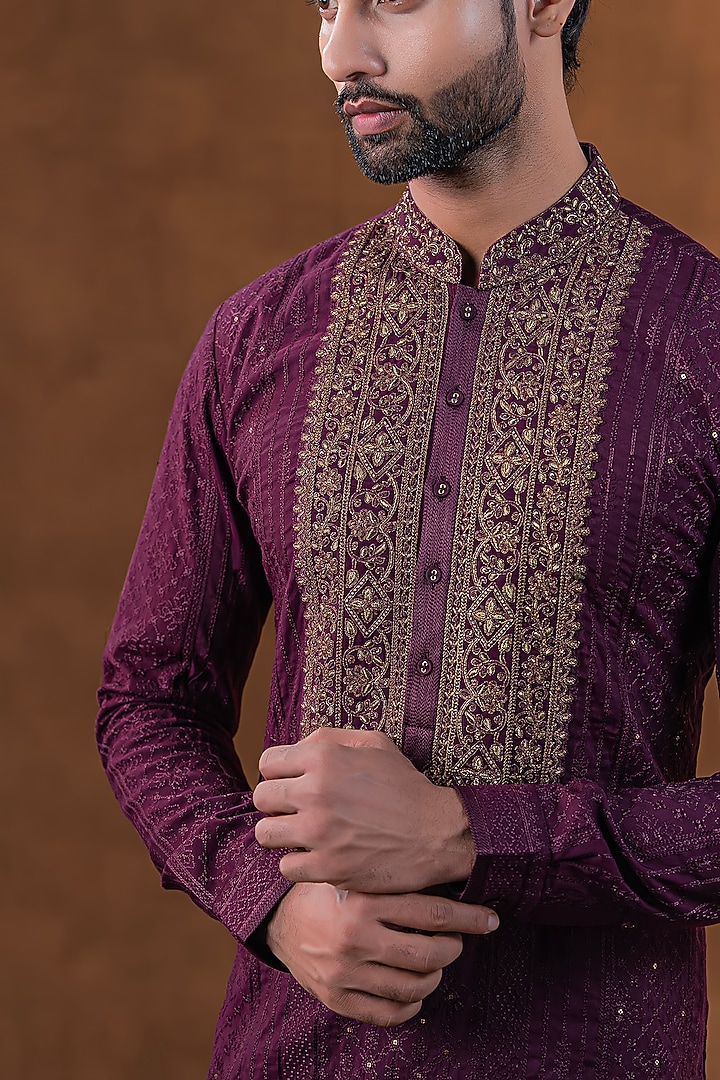 Wine Art Silk Zardosi Embroidered Kurta Set by Punit Arora at Pernia's Pop Up Shop
