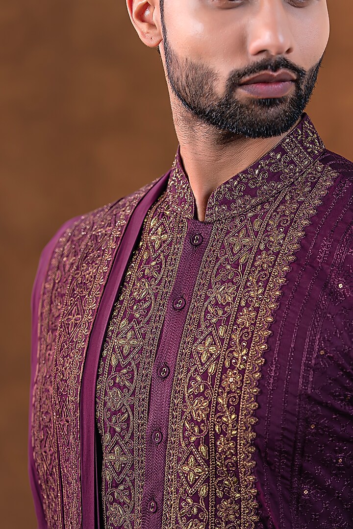 Wine Art Silk Zardosi Embroidered Kurta Set by Punit Arora at Pernia's Pop Up Shop