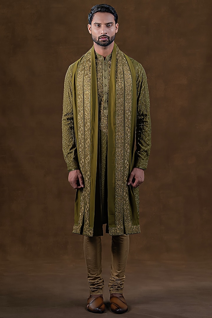 Moss Wood Green Art Silk Zardosi Embroidered Kurta Set by Punit Arora at Pernia's Pop Up Shop