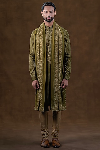 Moss Wood Green Art Silk Zardosi Embroidered Kurta Set by Punit Arora