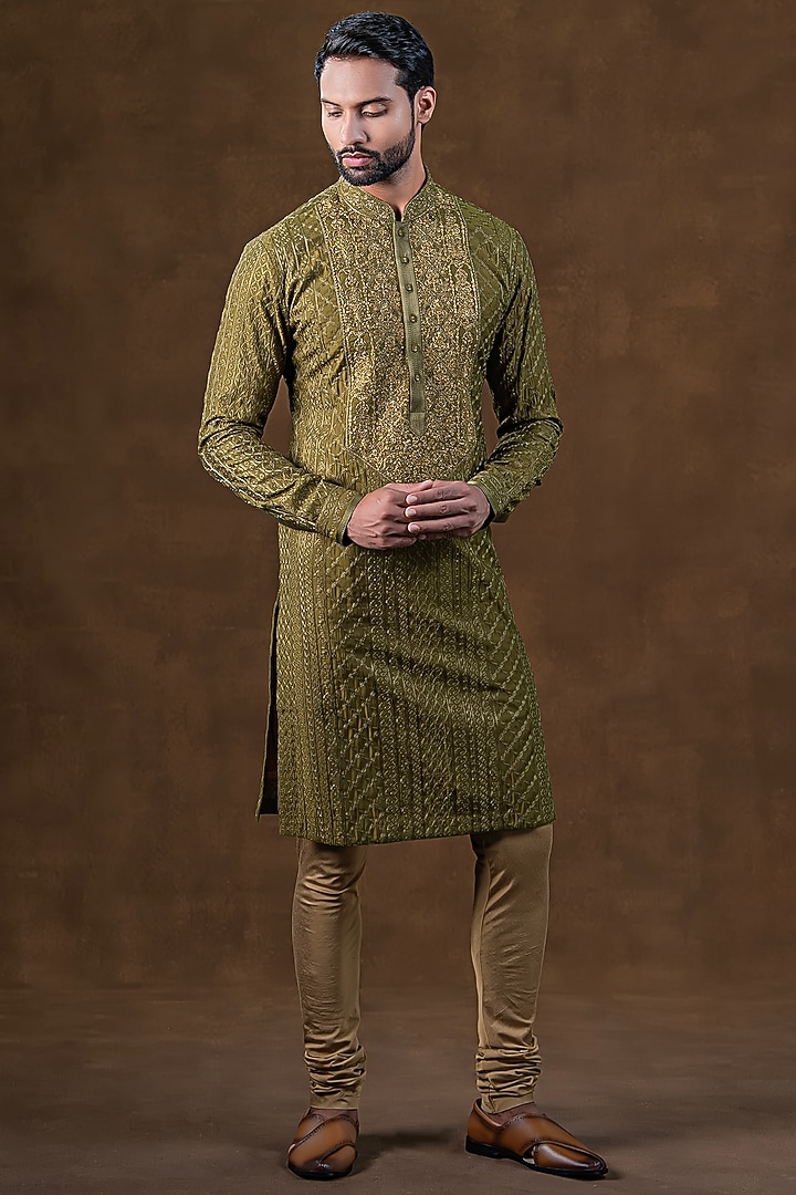 Moss Wood Green Art Silk Zardosi Embroidered Kurta Set by Punit Arora at Pernia's Pop Up Shop