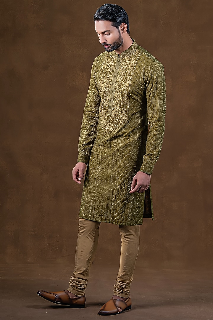 Moss Wood Green Art Silk Zardosi Embroidered Kurta Set by Punit Arora at Pernia's Pop Up Shop