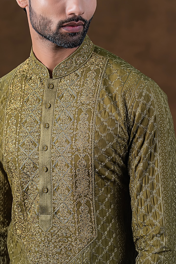 Moss Wood Green Art Silk Zardosi Embroidered Kurta Set by Punit Arora at Pernia's Pop Up Shop