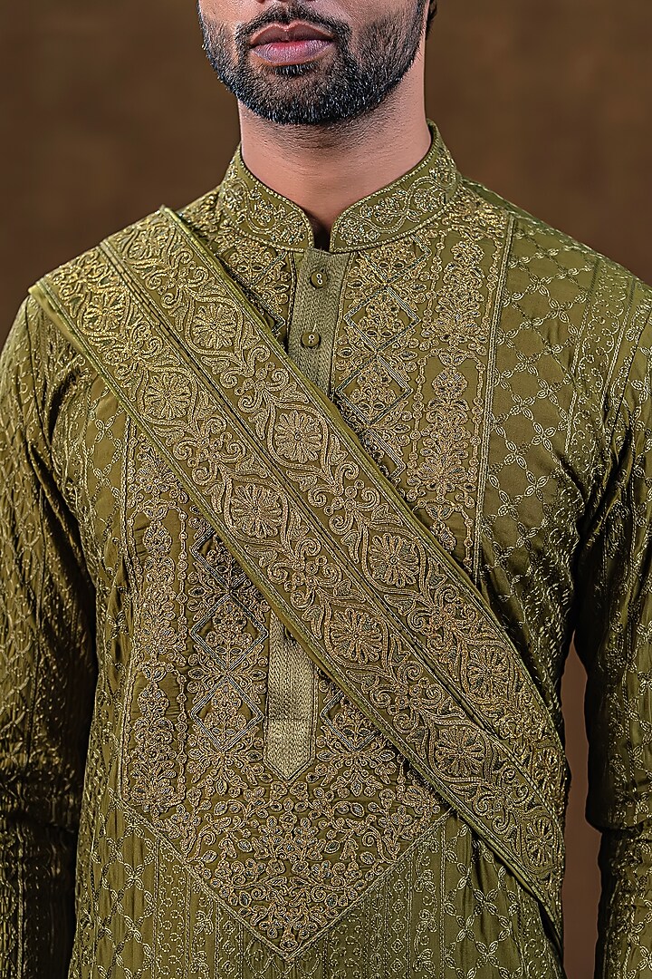 Moss Wood Green Art Silk Zardosi Embroidered Kurta Set by Punit Arora at Pernia's Pop Up Shop