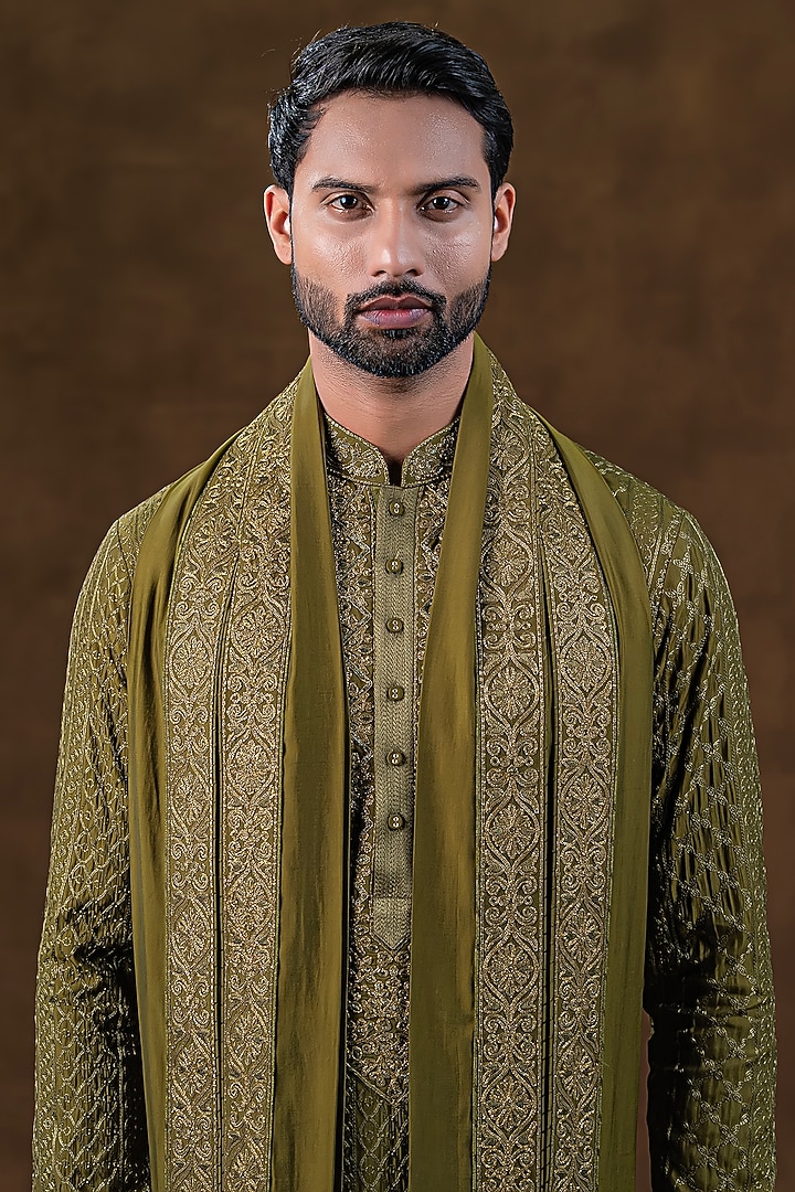 Moss Wood Green Art Silk Zardosi Embroidered Kurta Set by Punit Arora at Pernia's Pop Up Shop